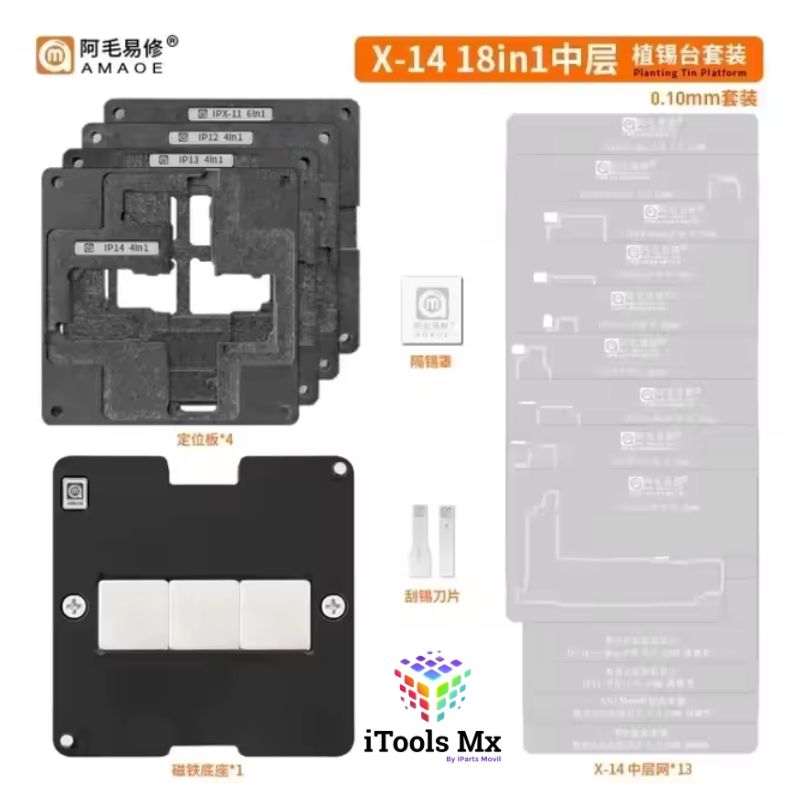 KIT DE 28 STENCIL (X AL 16 PRO MAX) INTERPOSER AMAOE CON BASE MAGNETICA 10mm